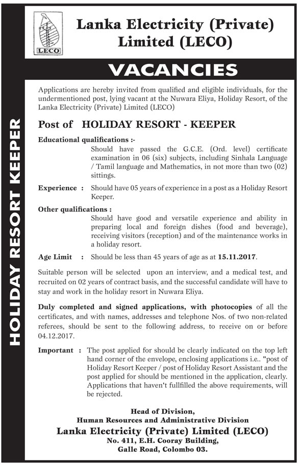 Holiday Resort Keeper - Lanka Electricity (Private) Limited